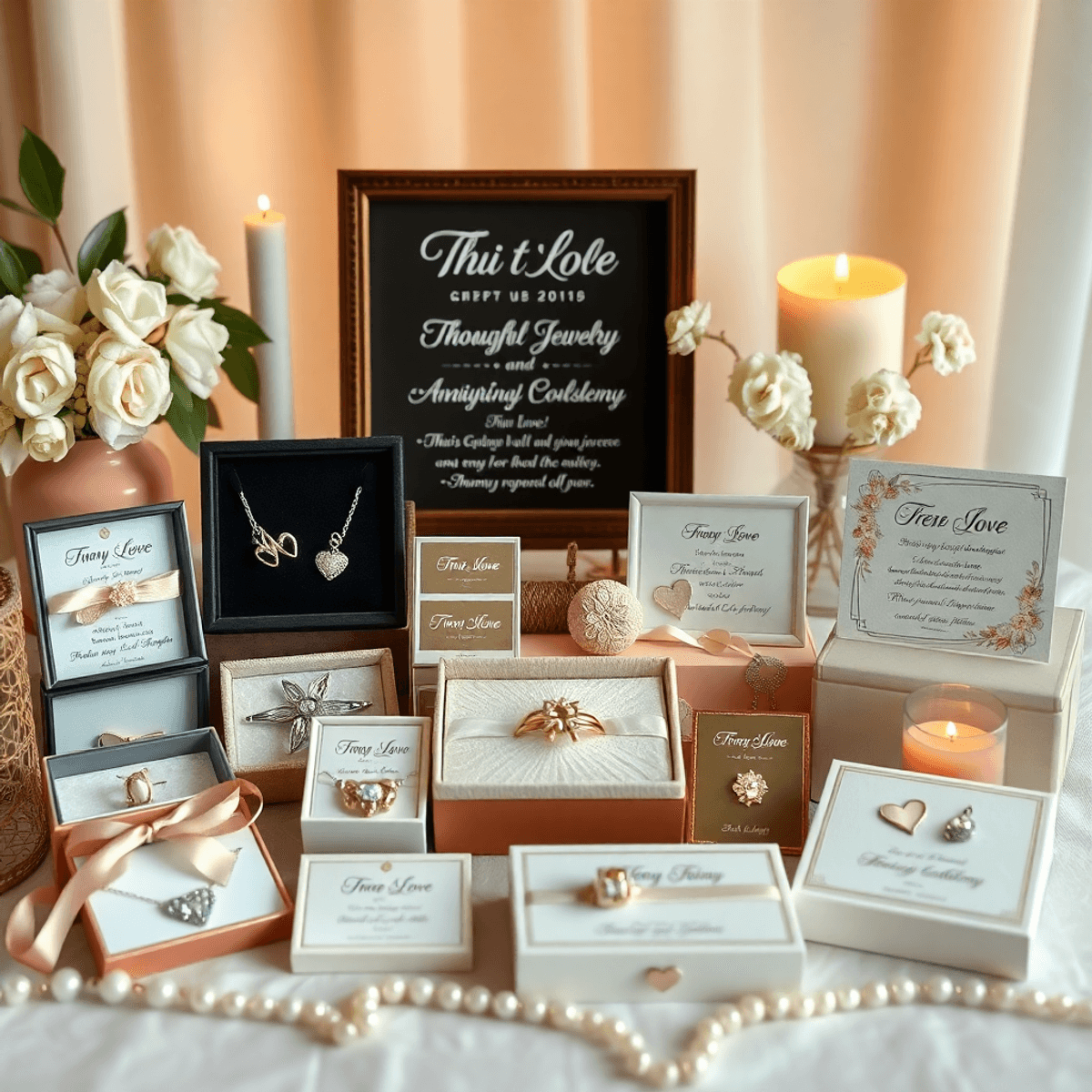 A romantic display of anniversary gifts, featuring jewelry, customizable items, and keepsakes, set in soft lighting with elegant decor that evokes love and comm