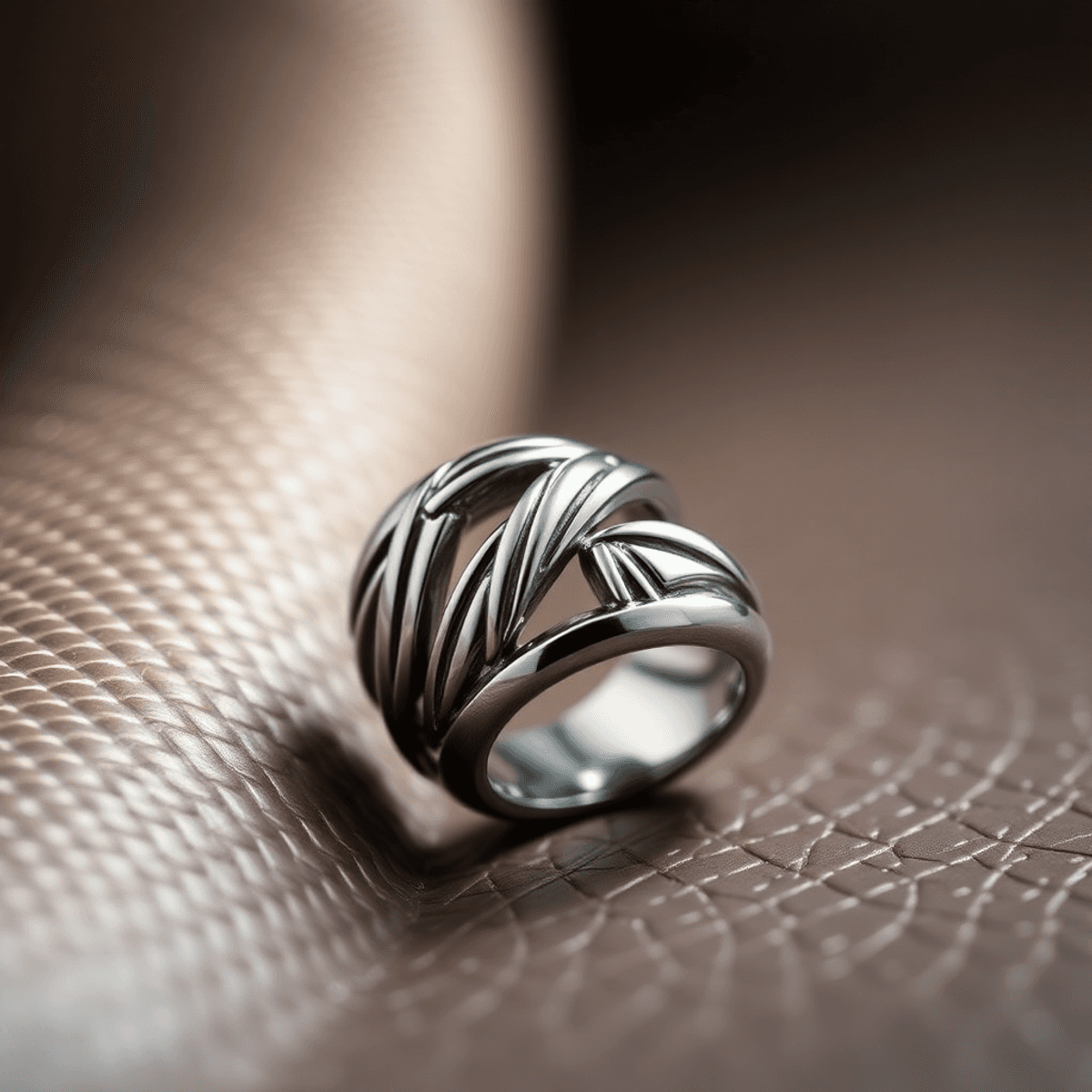 Close-up of a stylish men's fashion ring on a textured surface, highlighting its intricate design and modern aesthetics with a soft-focus background.