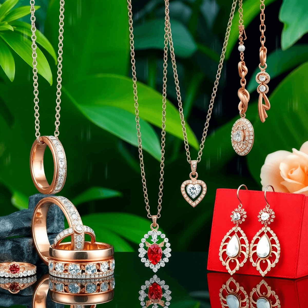 A colorful assortment of jewelry, including wedding bands, necklaces, and earrings, displayed against lush greenery, highlighting elegance and durability in a t