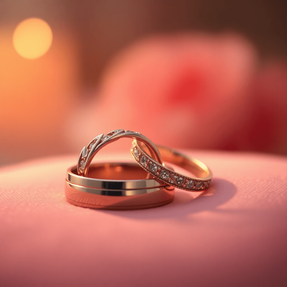 Close-up of two elegant matching rings with intricate designs on a soft, romantic background, illuminated by warm lighting, symbolizing love and commitment.