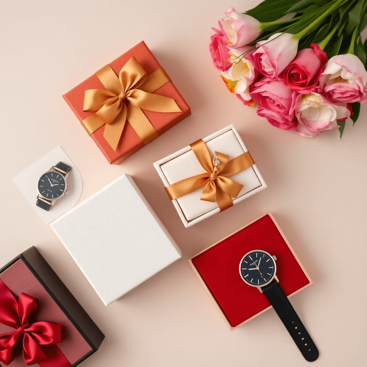 A luxurious flat lay of fine jewelry, a stylish watch, and fresh flowers on a soft neutral background, exuding sophistication and opulence.