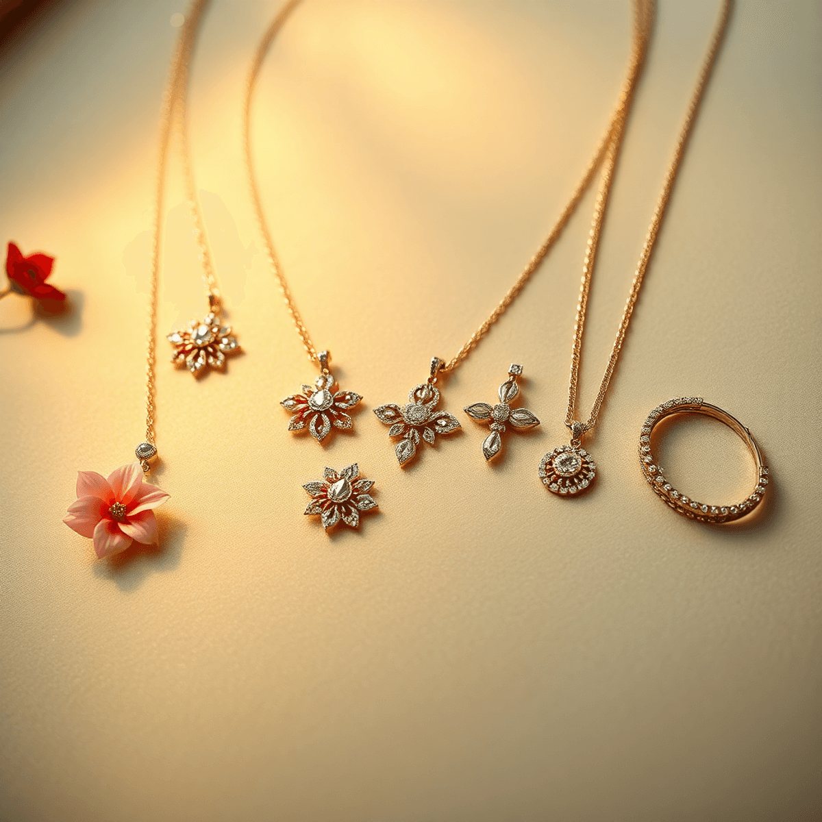 Elegant jewelry pieces, including necklaces and bracelets, displayed on a soft velvet background with warm lighting, showcasing their sparkle and craftsmanship.