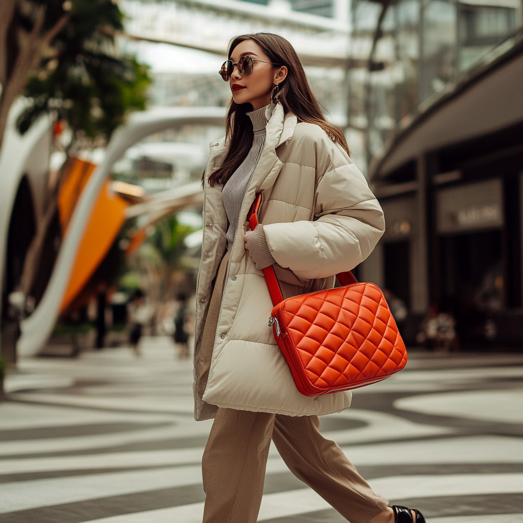 Puffer Bags are in the trend! Singaporean lady carrying a orange shoulder puffer bag.