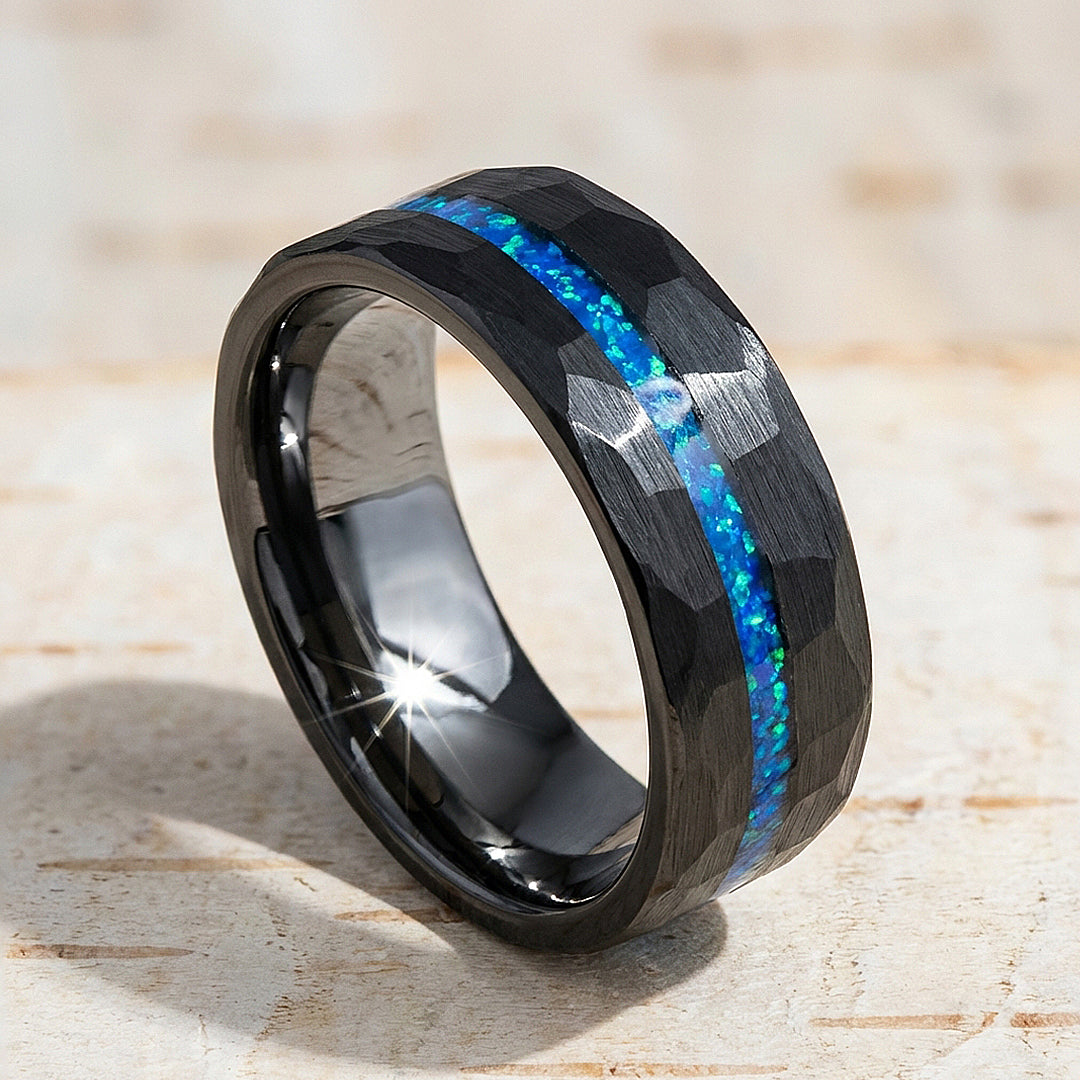 Abyssion Hammered Blue Opal Inlay Black Tungsten Carbide Ring - Ring | Singapore Jewellery, Wedding Rings &amp; Gifts | Same Day Delivery | Tiara.com.sg