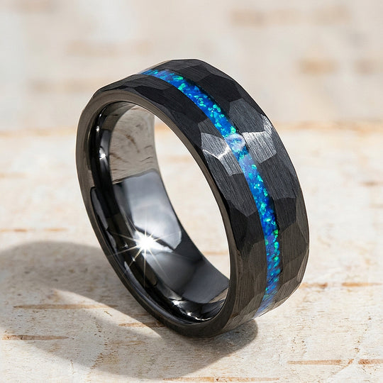 Abyssion Hammered Blue Opal Inlay Black Tungsten Carbide Ring - Ring | Singapore Jewellery, Wedding Rings &amp; Gifts | Same Day Delivery | Tiara.com.sg