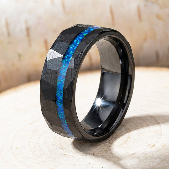 Abyssion Hammered Blue Opal Inlay Black Tungsten Carbide Ring - Ring | Singapore Jewellery, Wedding Rings &amp; Gifts | Same Day Delivery | Tiara.com.sg