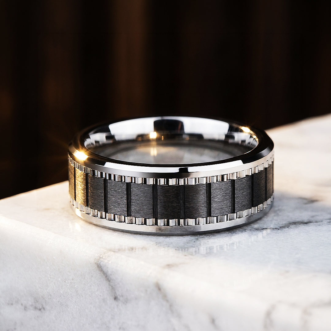 Alston Brushed Gear Pattern Tungsten Carbide Ring