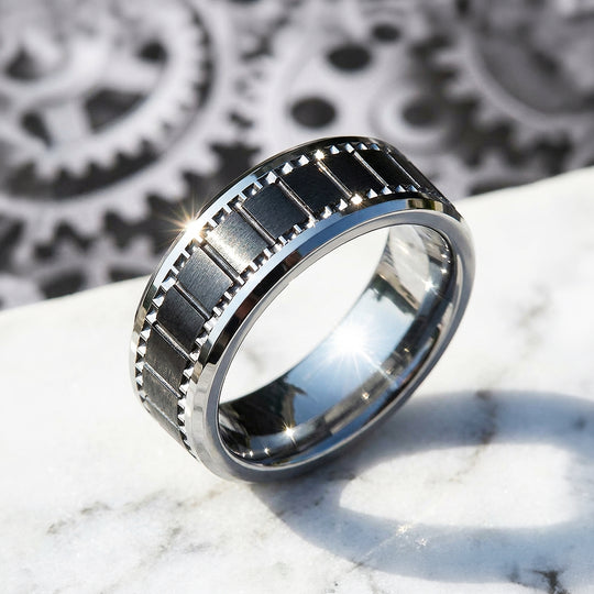 Alston Brushed Gear Pattern Tungsten Carbide Ring