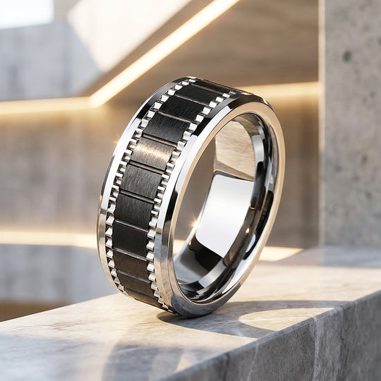 Alston Brushed Gear Pattern Tungsten Carbide Ring