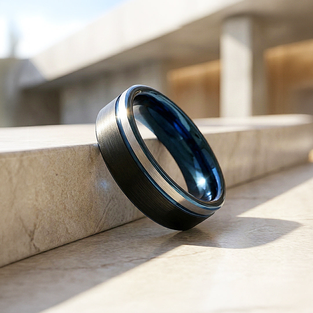 Aura | Matte Brushed Black and Silver Tungsten Carbide | Men&