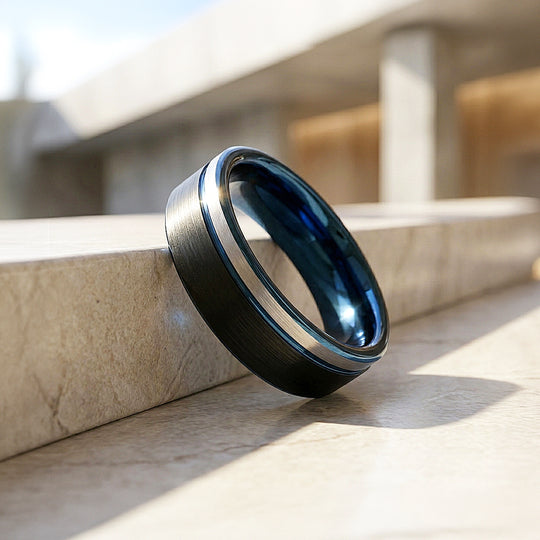 Aura | Matte Brushed Black and Silver Tungsten Carbide | Men&