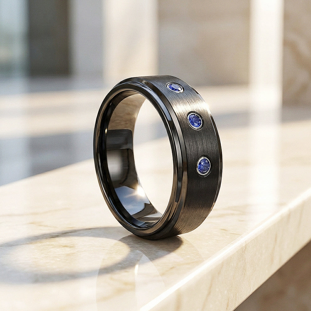 Azure Brushed Triple Blue Stone Black Tungsten Carbide Ring