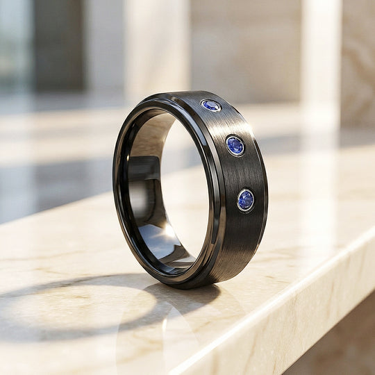Azure Brushed Triple Blue Stone Black Tungsten Carbide Ring