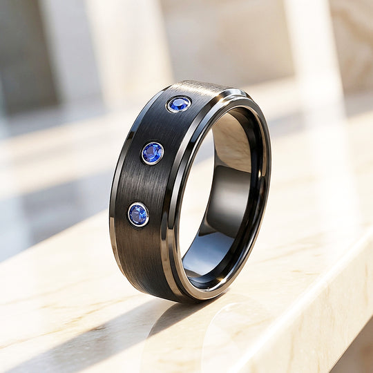 Azure Brushed Triple Blue Stone Black Tungsten Carbide Ring