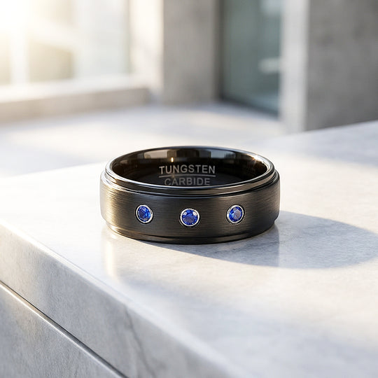 Azure Brushed Triple Blue Stone Black Tungsten Carbide Ring