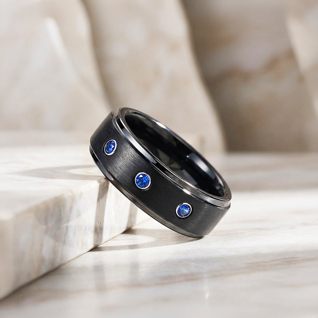 Azure Brushed Triple Blue Stone Black Tungsten Carbide Ring