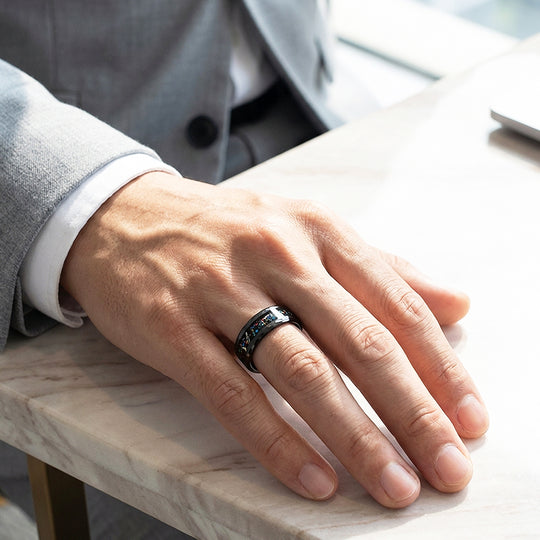 Barrel Hammered Opal Meteorite Inlay Black Tungsten Carbide Ring - Ring | Singapore Jewellery, Wedding Rings &amp; Gifts | Same Day Delivery | Tiara.com.sg