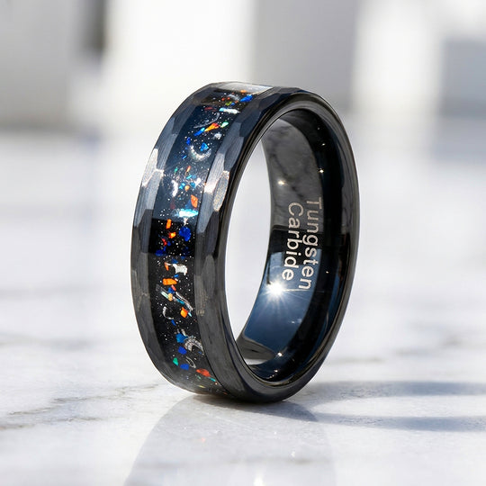 Barrel Hammered Opal Meteorite Inlay Black Tungsten Carbide Ring - Ring | Singapore Jewellery, Wedding Rings &amp; Gifts | Same Day Delivery | Tiara.com.sg