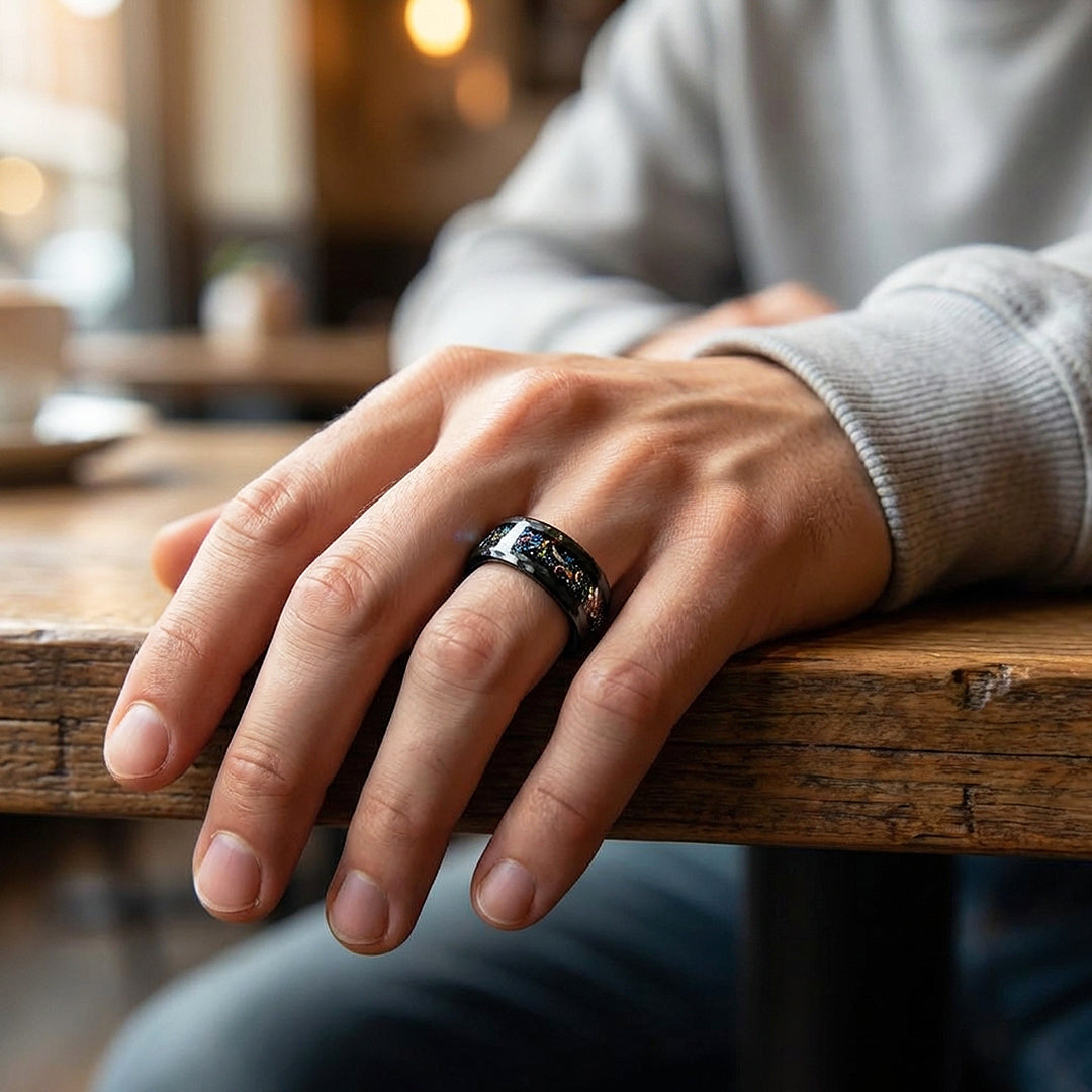 Barrel Hammered Opal Meteorite Inlay Black Tungsten Carbide Ring - Ring | Singapore Jewellery, Wedding Rings &amp; Gifts | Same Day Delivery | Tiara.com.sg