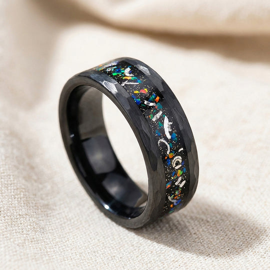 Barrel Hammered Opal Meteorite Inlay Black Tungsten Carbide Ring - Ring | Singapore Jewellery, Wedding Rings &amp; Gifts | Same Day Delivery | Tiara.com.sg