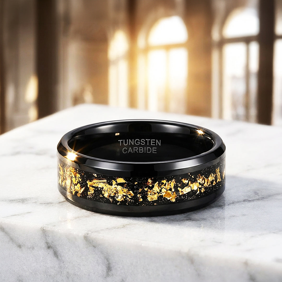 Black Gold Polished Gold Foil Inlay Black Tungsten Carbide Ring - Ring | Singapore Jewellery, Wedding Rings &amp; Gifts | Same Day Delivery | Tiara.com.sg