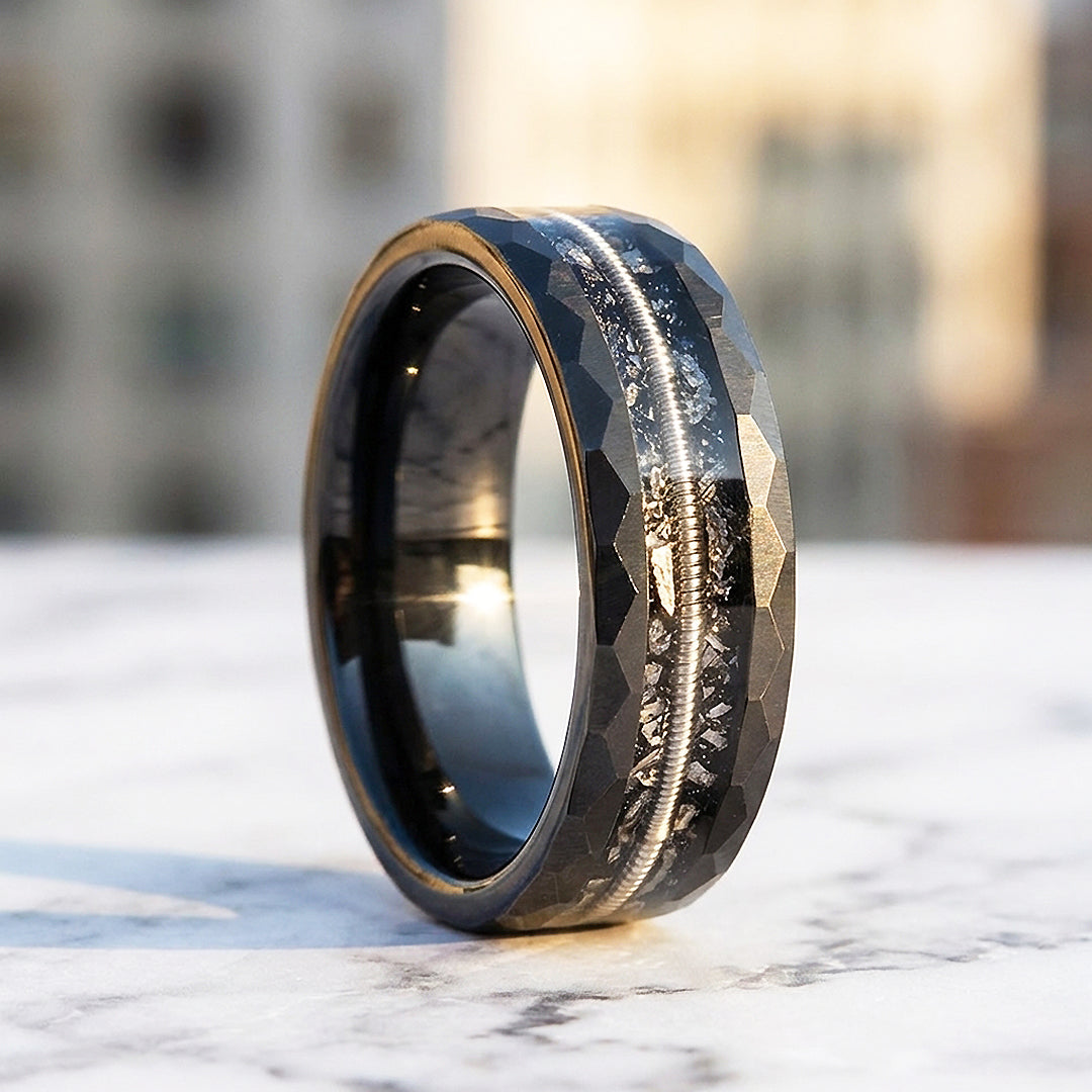 Blackcoil Hammered Guitar String Meteorite Inlay Black Tungsten Carbide Ring - Ring | Singapore Jewellery, Wedding Rings &amp; Gifts | Same Day Delivery | Tiara.com.sg