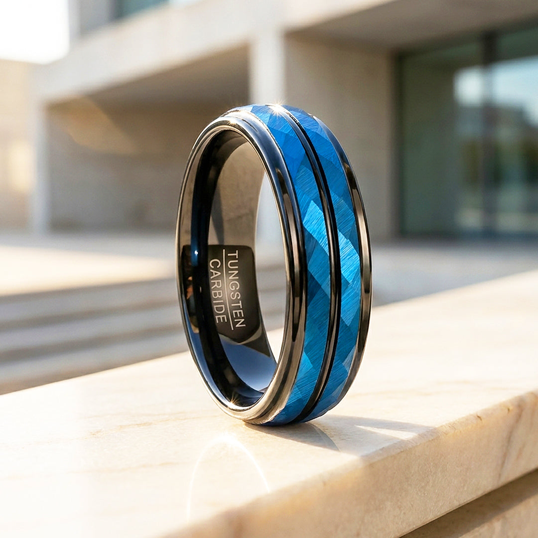 Blue Lake | Hammered Blue and Black Grooved Tungsten Carbide | Men&