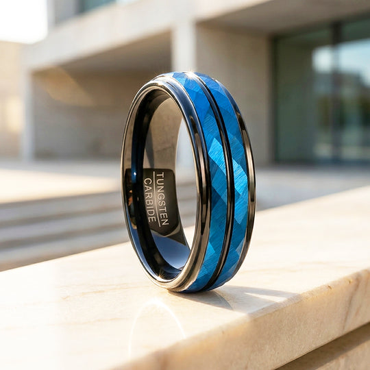 Blue Lake | Hammered Blue and Black Grooved Tungsten Carbide | Men&