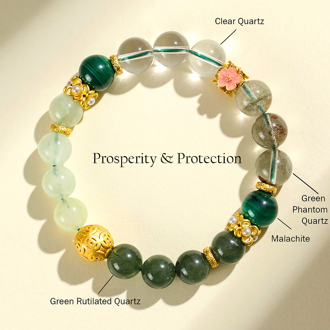 Green Phantom Quartz &amp; Malachite Prosperity Natural Crystal Bracelet | C159