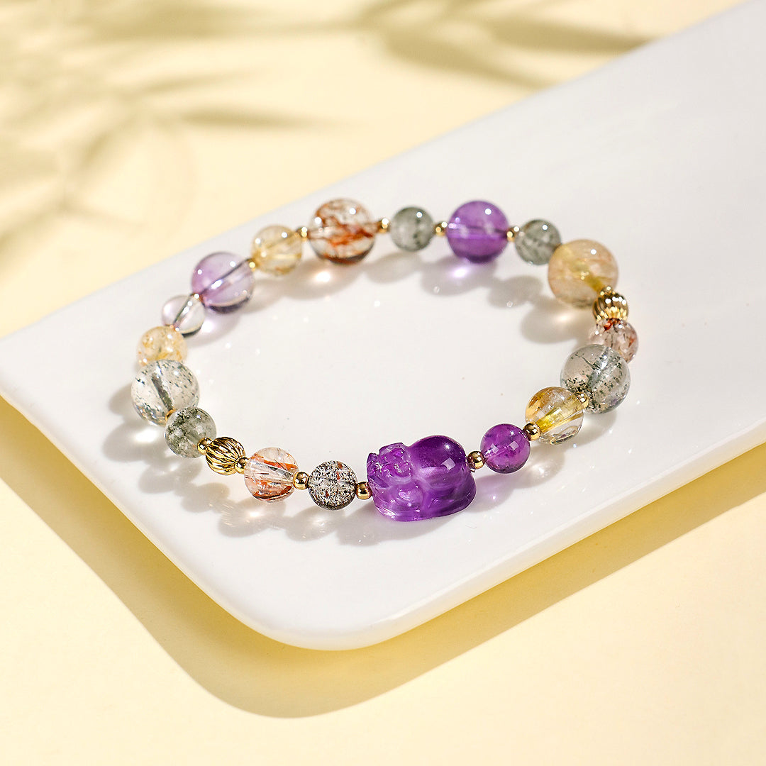 Golden Rutilated Quartz &amp; Black Gold Super Seven Prosperity Natural Crystal Bracelet | C186 - Crystal Bracelet | Singapore Jewellery, Wedding Rings &amp; Gifts | Same Day Delivery | Tiara.com.sg