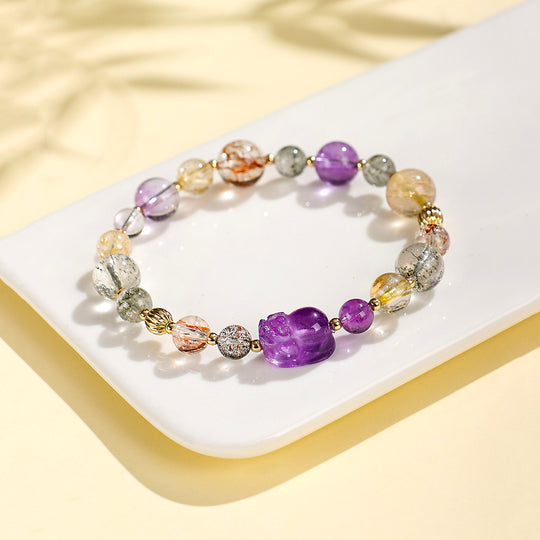 Golden Rutilated Quartz &amp; Black Gold Super Seven Prosperity Natural Crystal Bracelet | C186 - Crystal Bracelet | Singapore Jewellery, Wedding Rings &amp; Gifts | Same Day Delivery | Tiara.com.sg