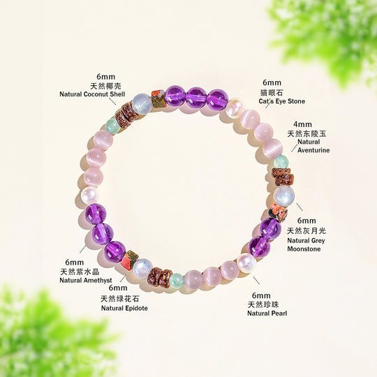 Amethyst, Moonstone &amp; Cat Eye Natural Crystal Bracelet | C206