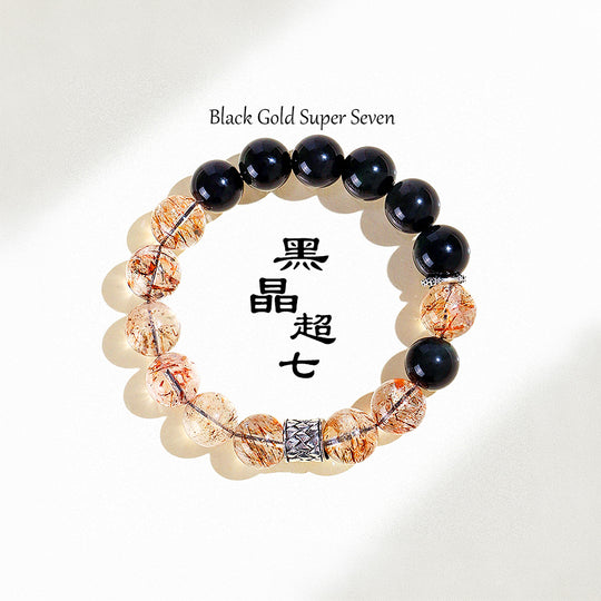 Black Golden Super Seven &amp; Ice Obsidian Natural Crystal Bracelet | C216