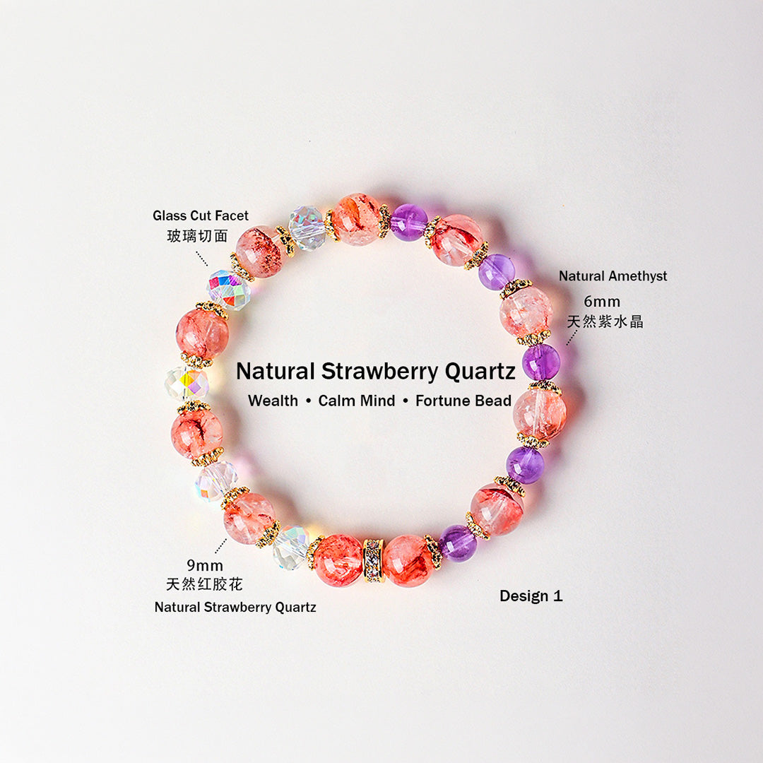 Yellow Topaz, Strawberry Quartz &amp; Amethyst Natural Crystal Bracelet | C229
