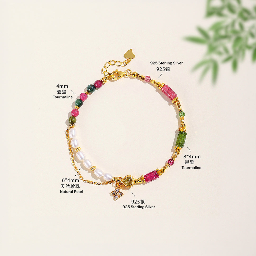 Multicolour Tourmaline &amp; Freshwater Pearl Natural Crystal Bracelet | C254