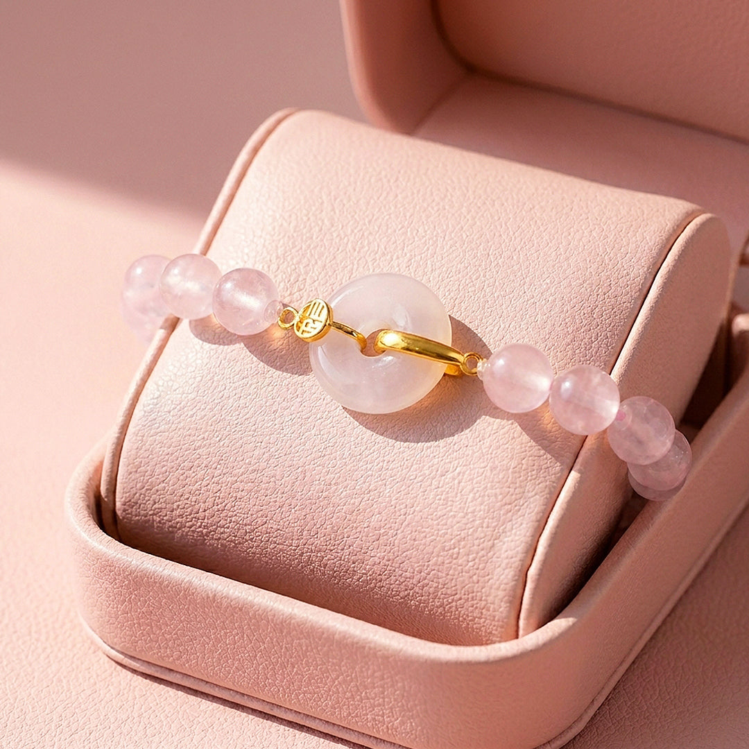 Rose Quartz &amp; White Agate Ping An Kou Bracelet | C267