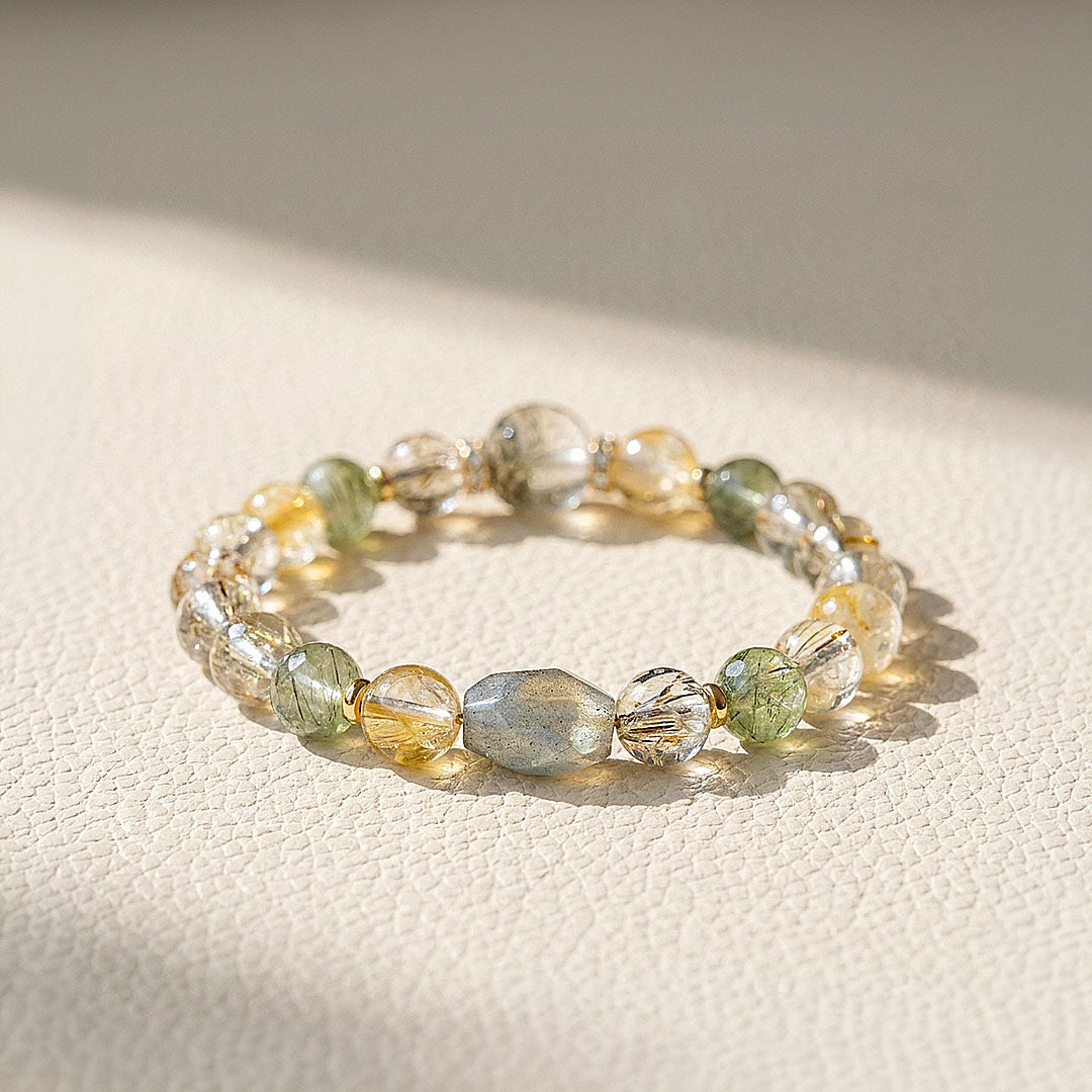 Grey Moonstone, Green Rutilated Quartz, Black Gold Super Seven &amp; Yellow Tower Quartz | C279
