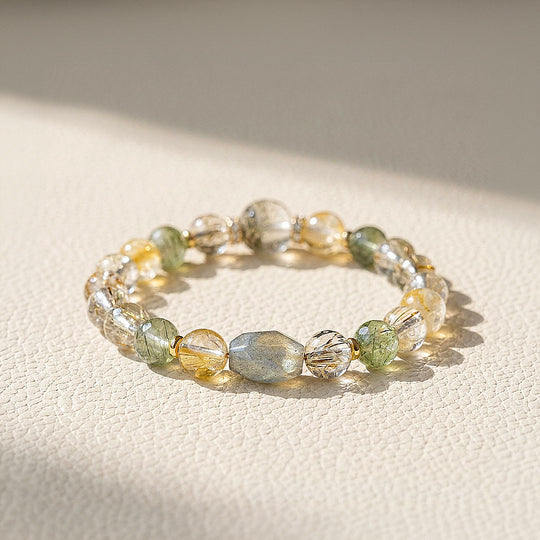 Grey Moonstone, Green Rutilated Quartz, Black Gold Super Seven &amp; Yellow Tower Quartz | C279