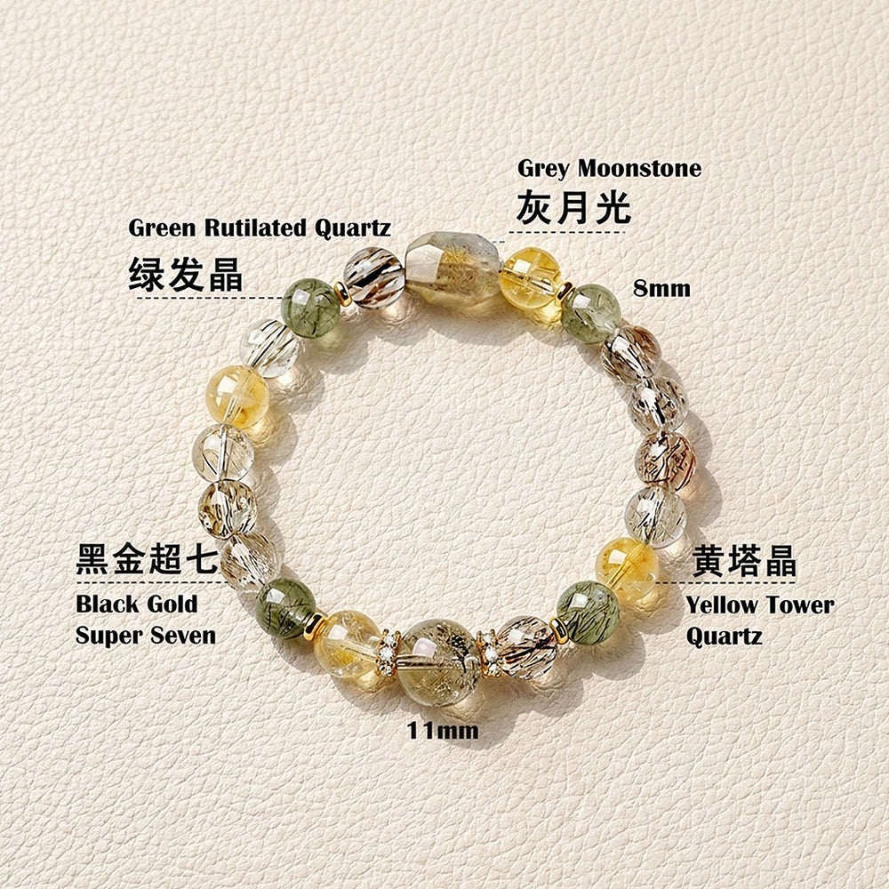 Grey Moonstone, Green Rutilated Quartz, Black Gold Super Seven & Yellow Tower Quartz | C279