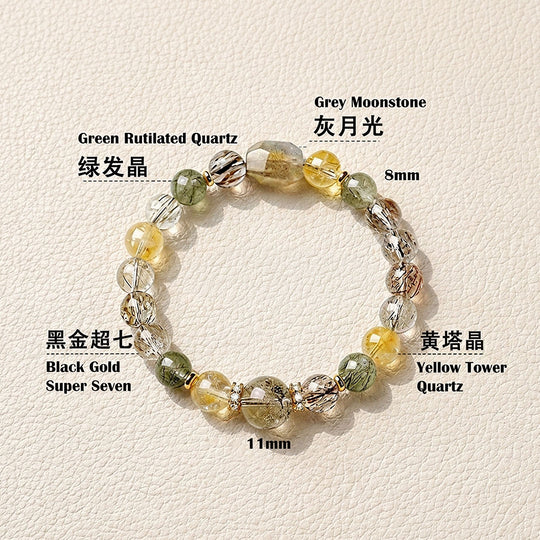 Grey Moonstone, Green Rutilated Quartz, Black Gold Super Seven &amp; Yellow Tower Quartz | C279