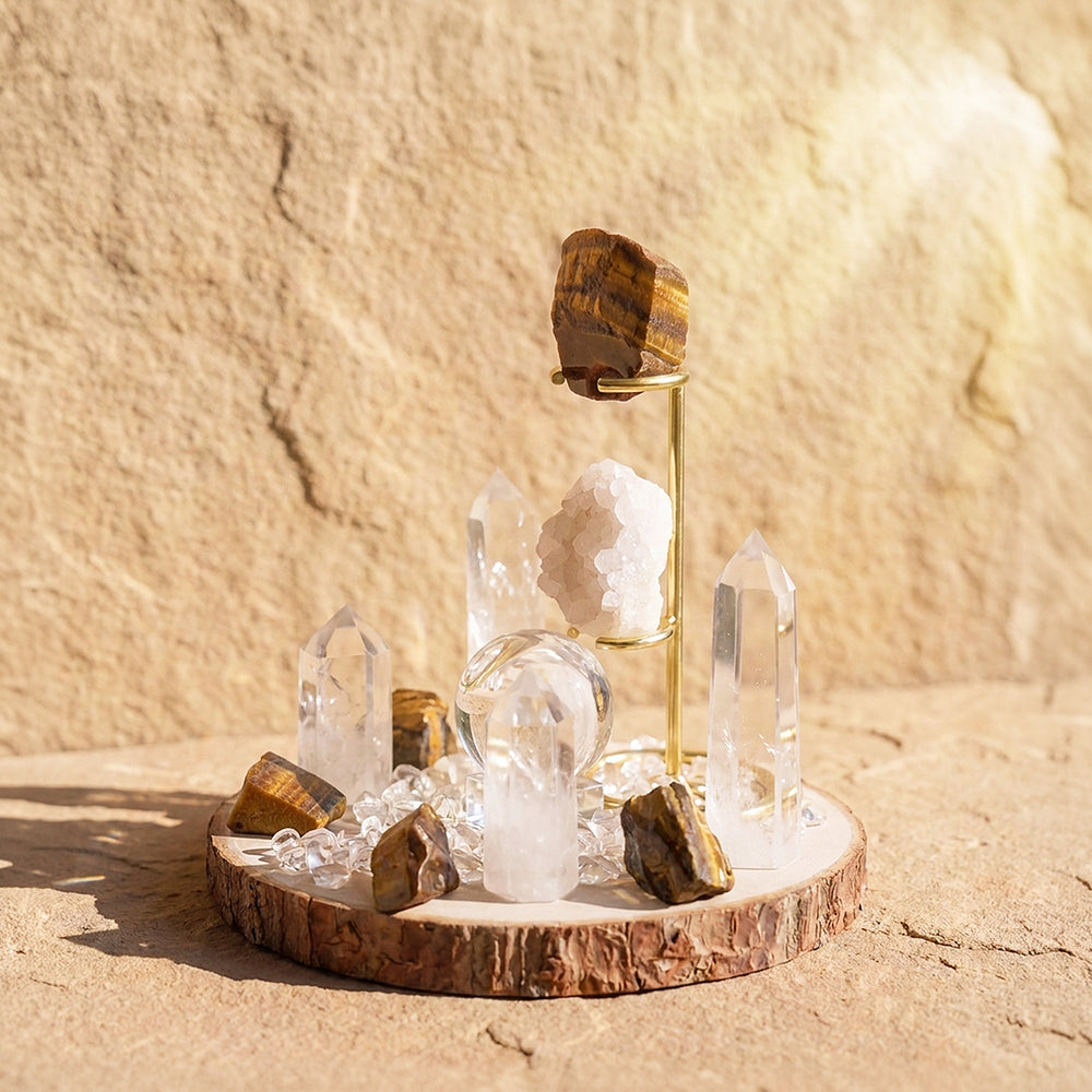 Tiger's Eye & Clear Quartz Crystal Array | CE8005