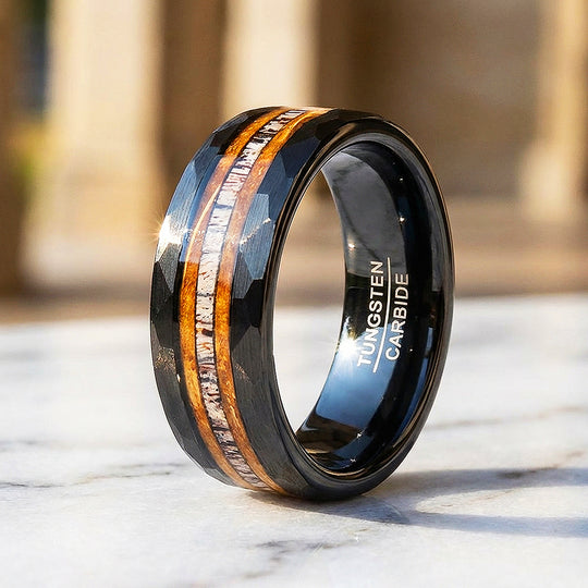 Canyon Grain Hammered Wood Antler Inlay Black Tungsten Carbide Ring - Ring | Singapore Jewellery, Wedding Rings &amp; Gifts | Same Day Delivery | Tiara.com.sg