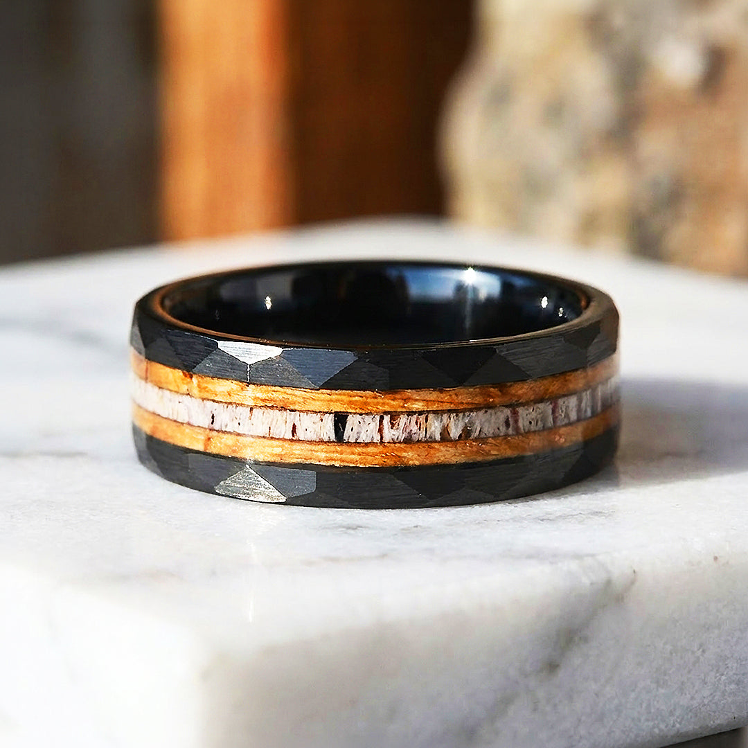 Canyon Grain Hammered Wood Antler Inlay Black Tungsten Carbide Ring - Ring | Singapore Jewellery, Wedding Rings &amp; Gifts | Same Day Delivery | Tiara.com.sg