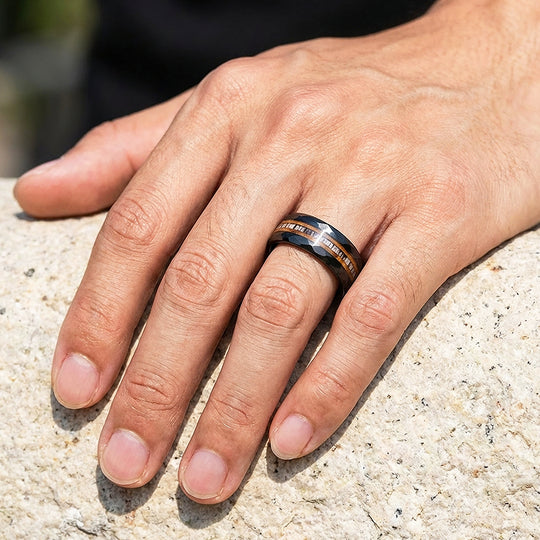 Canyon Grain Hammered Wood Antler Inlay Black Tungsten Carbide Ring - Ring | Singapore Jewellery, Wedding Rings &amp; Gifts | Same Day Delivery | Tiara.com.sg