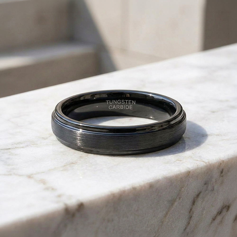 Carbonight | Black Brushed Stepped Edge Tungsten Carbide | Men's Ring