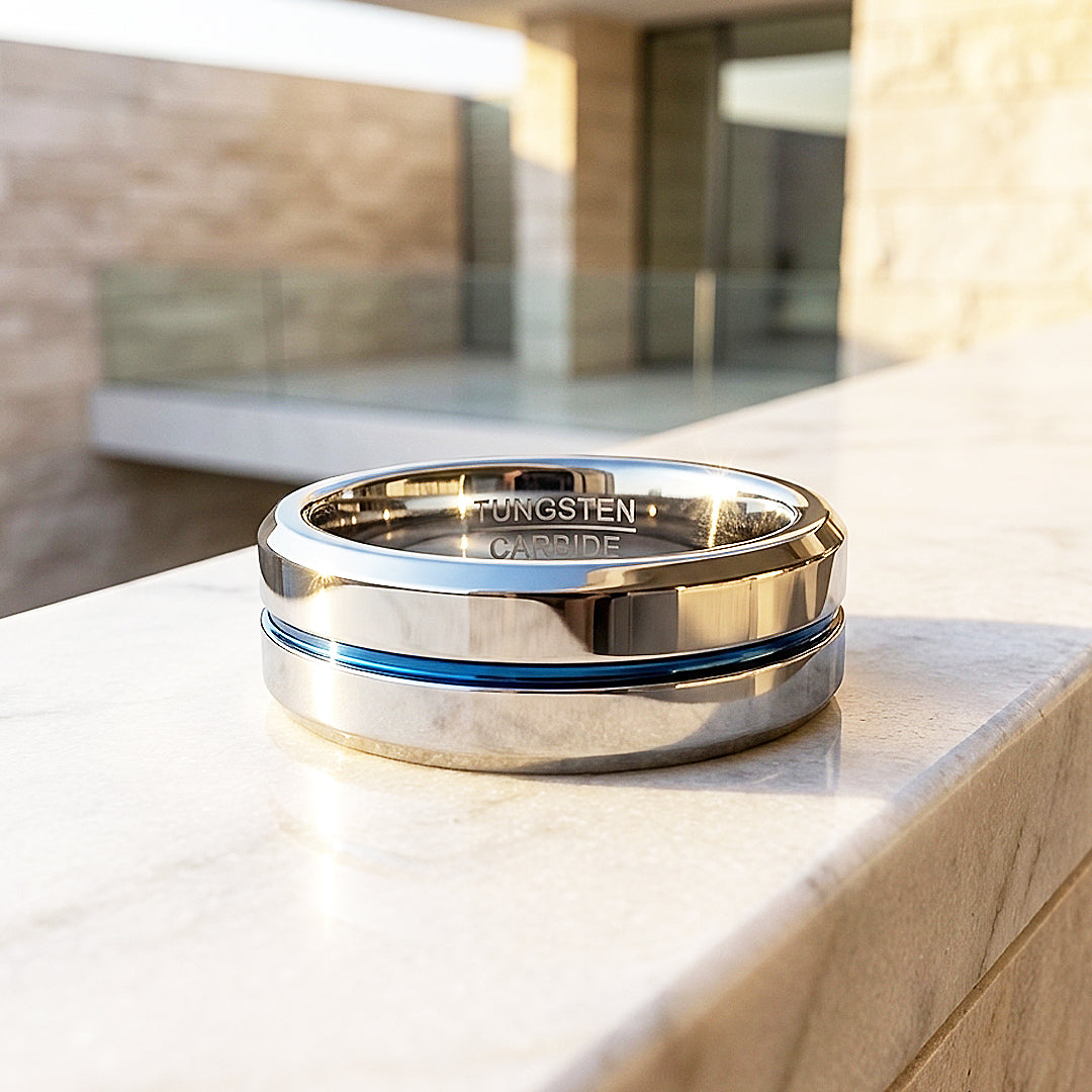 Chasin Polished Blue Groove Tungsten Carbide Ring - Ring | Singapore Jewellery, Wedding Rings &amp; Gifts | Same Day Delivery | Tiara.com.sg