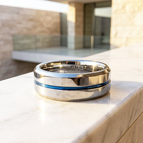 Chasin Polished Blue Groove Tungsten Carbide Ring - Ring | Singapore Jewellery, Wedding Rings &amp; Gifts | Same Day Delivery | Tiara.com.sg