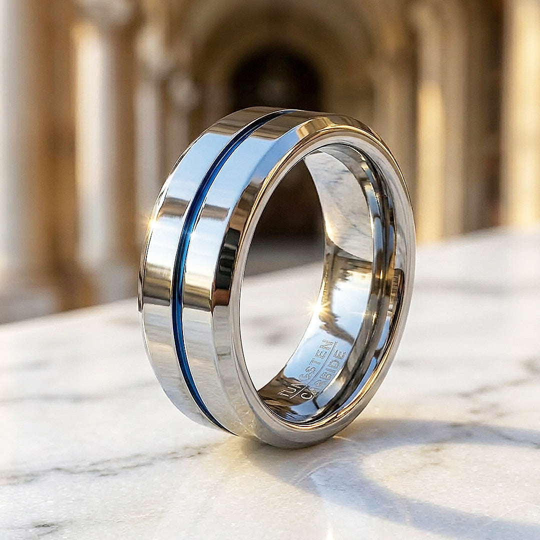 Chasin Polished Blue Groove Tungsten Carbide Ring - Ring | Singapore Jewellery, Wedding Rings &amp; Gifts | Same Day Delivery | Tiara.com.sg