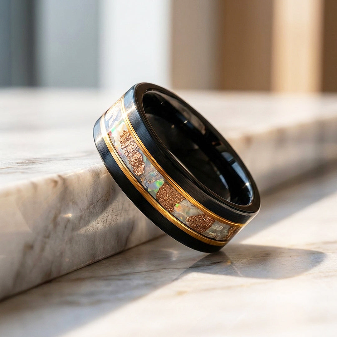 Chasm Brushed Opal Copper Foil Inlay Black Tungsten Carbide Ring