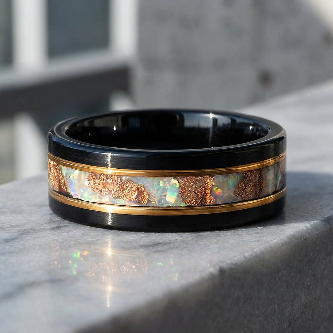 Chasm Brushed Opal Copper Foil Inlay Black Tungsten Carbide Ring